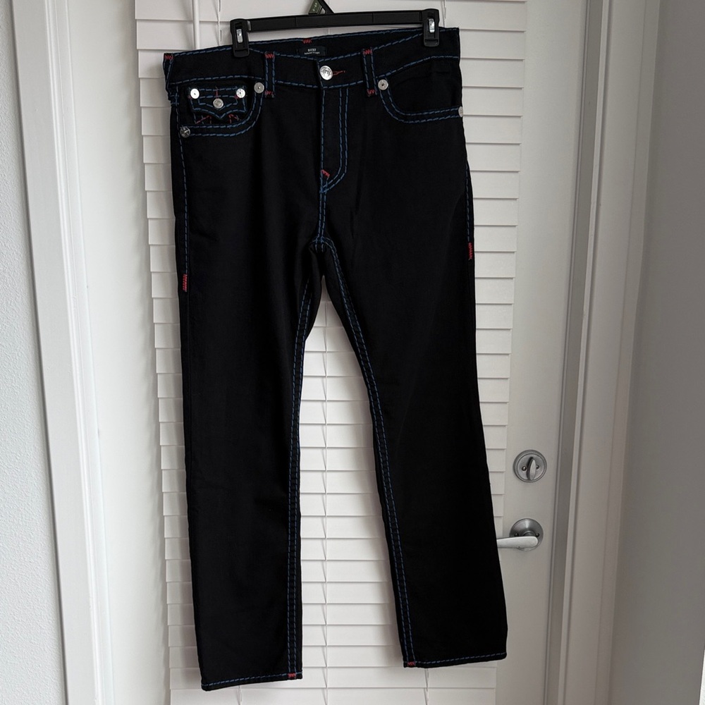 NWOT Men's True Religion Black Jeans with Blue & Red Stitching